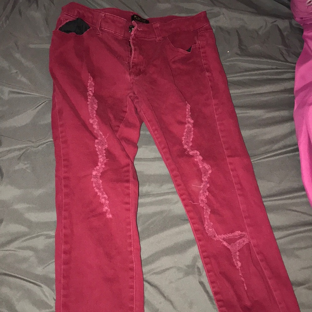 maroon low rise skinny jeans